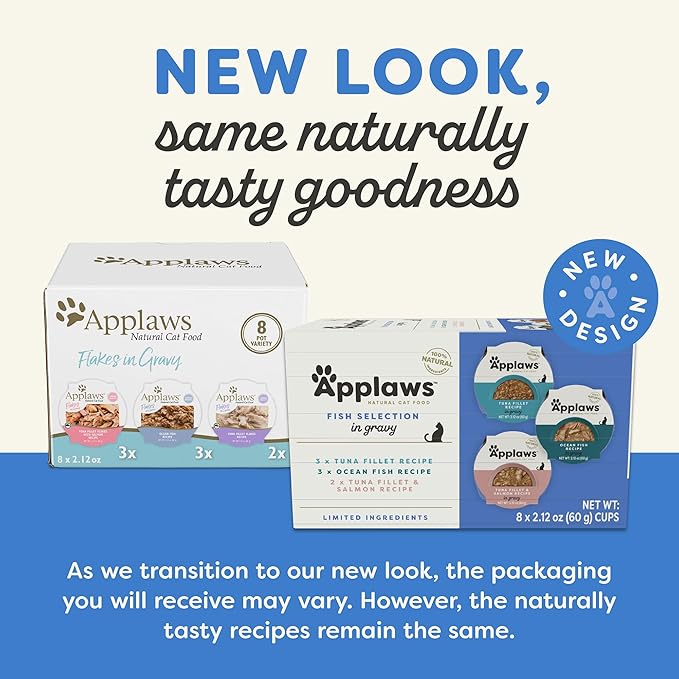 Applaws Natural Wet Cat Food in Gravy, Limited and Natural Ingredients, High Protein with No Artificial Additives, Fish Selection in Gravy (8X 2.12 oz Easy-Open Cups)