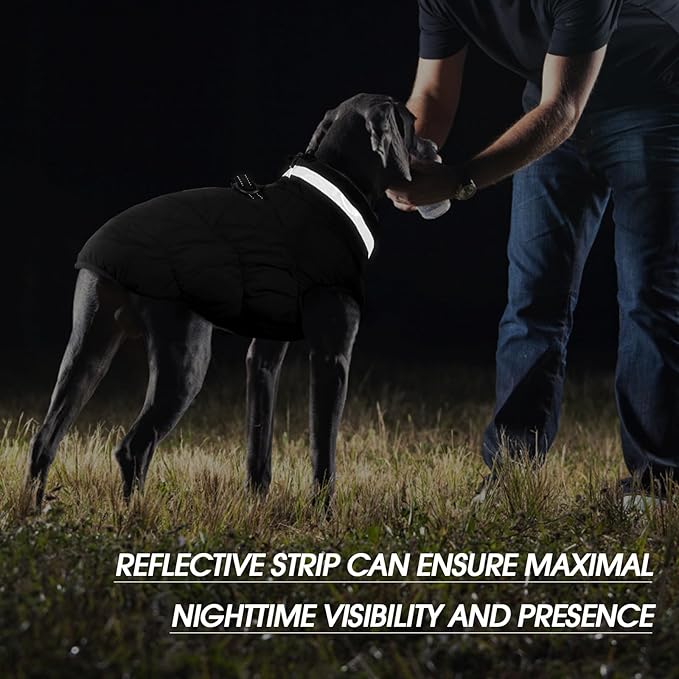 FUAMEY Dog Coat for Large Dogs,Waterproof Dog Winter Jacket with Harness Built in Puppy Cold Weather Coats Reflective Pet Vest with Zipper Warm Fleece Dogs Snowsuit Windproof Solid Black L