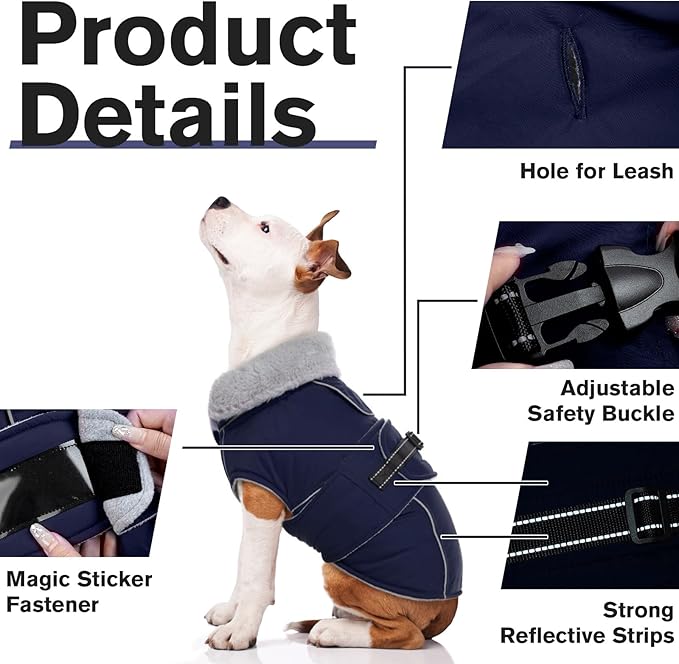 Lelepet Warm Dog Coat Reflective Fleece Vest Waterproof Dog Jacket with Adjustable Buckle Hook & Loop Windproof Cold Weather Coats for Small Medium Large Dogs, Navy Blue, XXXL