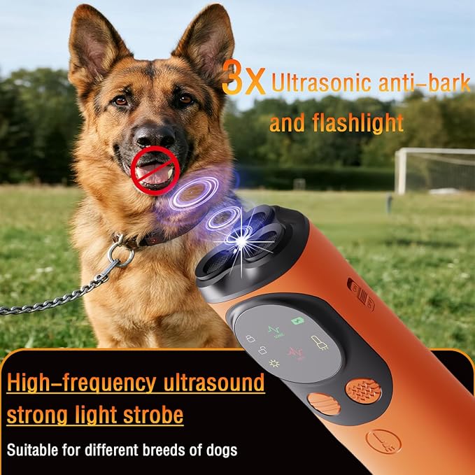 Dog Bark Deterrent Devices 3X Ultrasonic Anti-Barking &Torch 393.7in Range Indoors Outdoors Ultrasonic Dog Bark Deterrent Device with Stop Barking Dog Range Modes Pocket-Friendly Orange Design