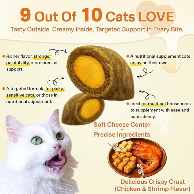 Cat Skin and Coat Health - 500 Chews Crunchy & Creamy Cheese Core with Omega 3/6/9, Vitamins C & E, Biotin for Skin Hydration & Coat Shine Supplement for Cats Kittens - Chicken & Shrimp Flavor