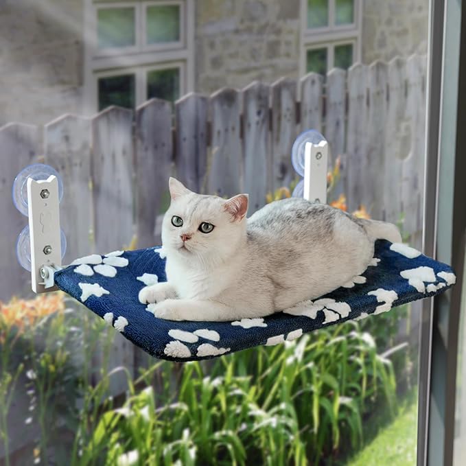 Cat Window Perch, Foldable Cat Window Hammock with Cute 3D Textured Flower Cover and Strong Suction Cups, Cordless Window Seat Bed for Indoor Cats (Navy Paw, Large)