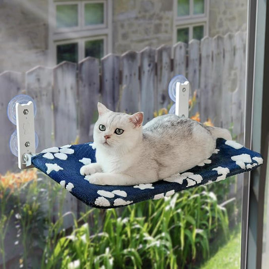 Cat Window Perch, Foldable Cat Window Hammock with Cute 3D Textured Flower Cover and Strong Suction Cups, Cordless Window Seat Bed for Indoor Cats (Navy Paw, Large)