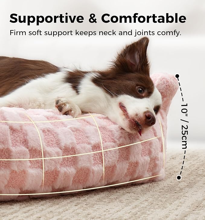 MADE 4 PETS Cat Beds for Indoor Cats, Cat Couch Bed, Soft Faux Fur Checkered Pet Sofa, Calming Fluffy Kitten Sofa with Supportive Foam, Removable Washable Cover with Non-Slip Base, Pink, Small