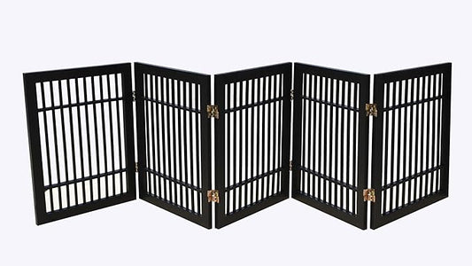 Pet Dog Gate Strong and Durable Freestanding Folding Acacia Hardwood Portable Wooden Fence Indoors or Outdoors by Urnporium (Black Pet Gate, 5 Panel 24" Tall)