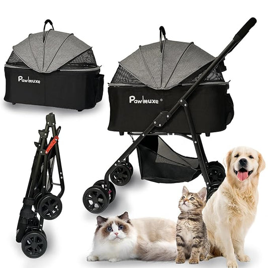 4 Wheels Pet Stroller 4 in 1 Pet Stroller with Detachable Carrier for Small & Medium Dogs Cats up to 55 lbs Easy-Folding Travel Dog Wagon with Car Seat Breathable Mesh,Gray