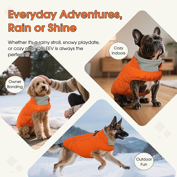 QBLEEV Large Dog Coat, Big Dog Winter Jacket for Large Dogs, Waterproof Cold Weather Snow Vest with Zipper & Reflective, Windproof Built-in Harness Warm Fleece Snowsuit Clothes, Orange, XXX-Large