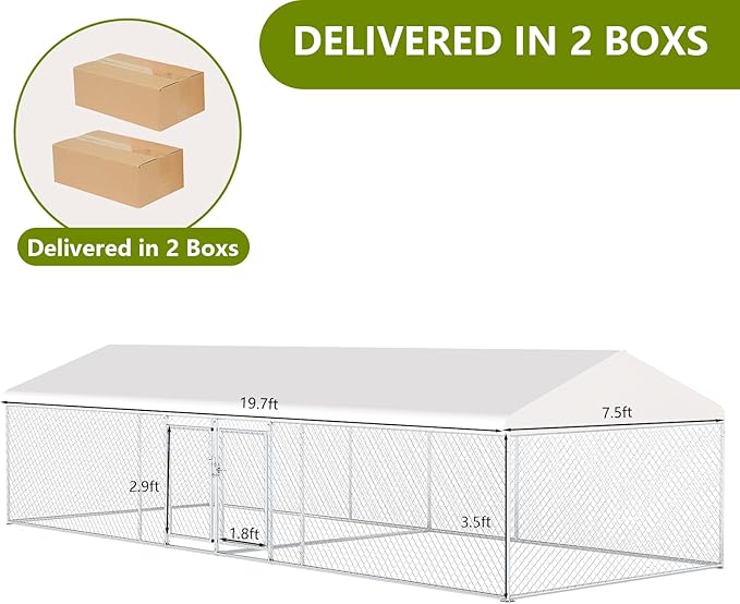 Rovibek 7.5 ×19.7 FT Outdoor Dog Kennel with Roof, Two Rooms Dog Kennel Outside with Waterproof Sunproof Cover, Galvanized Heavy Duty Dog Kennel and Enclosure for Outside with Secure Lock
