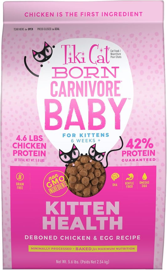 Tiki Cat Born Carnivore Baby, High-Protein and Grain-Free, Complete and Balanced Dry Cat Food for Kittens 6 Weeks+, 5.6 lbs. Bag