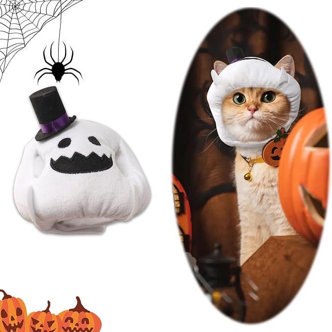ABTOLS Halloween Dog Cat Ghost Shape Hat, Adjustable Soft Small Pet White Ghost Cap Headwear for Puppy Dogs Kittens Halloween Festival Cosplay Costume Accessory Headgear