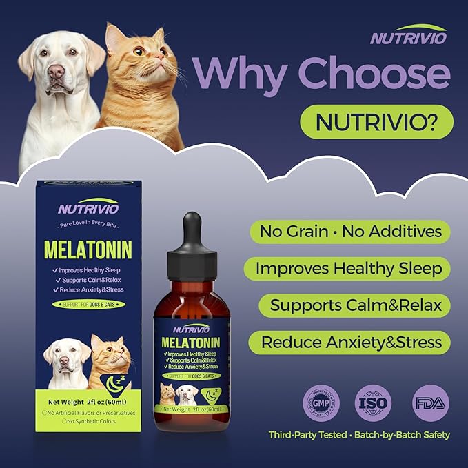 Liquid Melatonin for Dogs Melatonin Drops for Dogs & Cats,Dog Sleep Aid,Calming for Dogs Reduce Cat Stress Restful Sleep Formula with Vitamin B/D/C Bacon Flavor 2 fl oz (60 mL)
