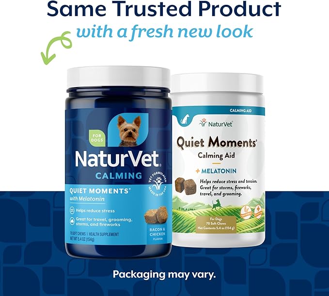 NaturVet Quiet Moments Calming Dog Supplement, Dog Soft Chews with Melatonin to Help Reduce Stress from Storms, The Vet, Fireworks, and Travel, Bacon and Chicken Flavored Pet Supplement, 70 Count Jar