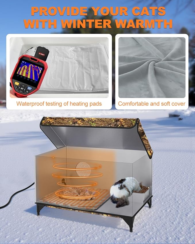 Heated Cat House for Outdoor in Winter, Insulated & Safe Escape Door & Waterproof Heated Cat Bed Shelter with Heating Pad, Warm Home for Outside Feral Barn Stray Kitty(Leaf Color, 16"x28"x19")