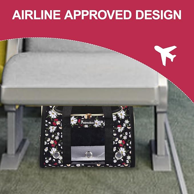 Petmolico Cat Carrier Dog Carrier, Airline Approved Soft Pet Travel Carrier with 3 Open Doors Mesh Windows for Cats Puppy 16 lbs, White Daisy