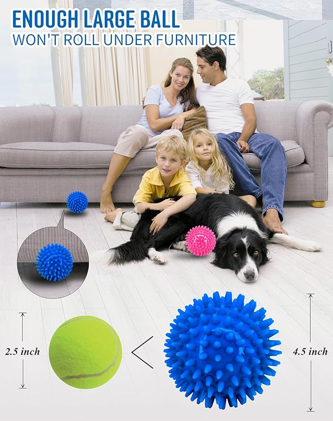 4.5” Heavy Duty Squeaky Dog Balls for Medium Large Dogs, Dog Toys for Aggressive Chewers, Spike Ball Toys for Clean Teeth and Training(2 Pack) (4.5" red and Blue)