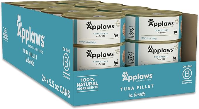 Applaws Natural Wet Cat Food in Broth, Limited and Natural Ingredients, High Protein with No Artificial Additives, Tuna Fillet in Broth (6 x 5.5oz Cans)