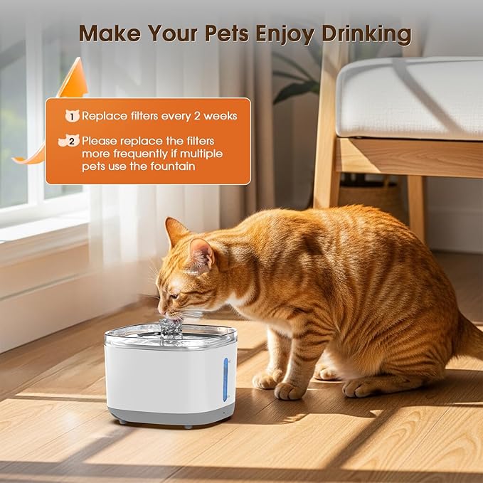Cat Water Fountain, 100oz/3L Wireless Pet Water Fountain Battery Operated, Water Fountains for Cats Indoor with Motion Sensor, 5-Stage Filtration, Stainless Steel Tray, LED Light & BPA-Free