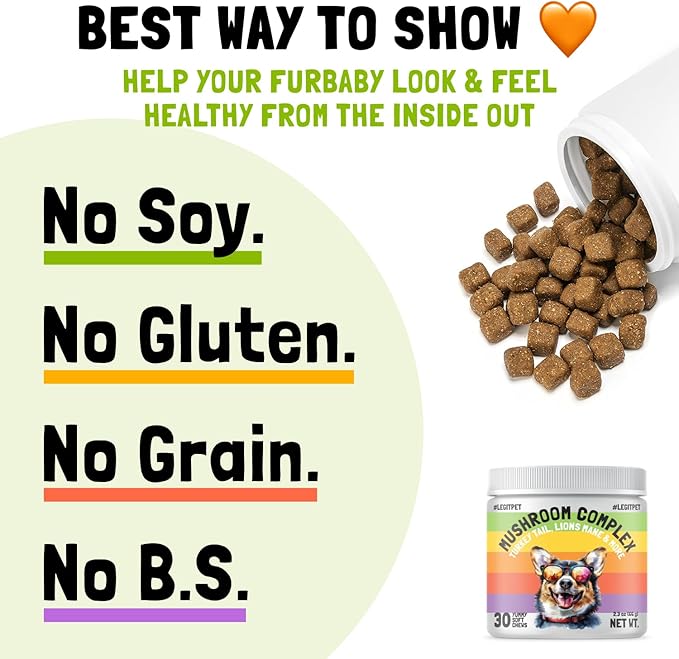 Mushroom Complex Treats for Dogs with Reishi, Shiitake, and Turkey Tail Mushrooms for Cognition and Immune Boosting Supports Digestive Health and Reduces Inflammation DHA EPA Turmeric Kelp 30 Chews