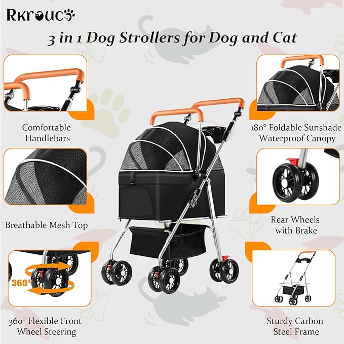 3 in 1 Dog Strollers 4 Wheels Folding Pet Stroller with Detachable Carrier Multifunction Portable Dogs Travel Carriers for Medium Small Puppy Kittens(Deep Black)