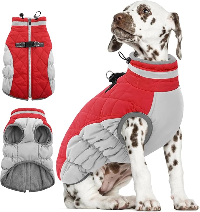 AOFITEE Dog Coat, Warm Dog Jackets for Small Dogs, Dogs Winter Coat with Harness Built in, Reflective Pet Winter Jacket, Waterproof Windproof Puppy Puffer Jacket Fleece Vest, Christmas Red XS
