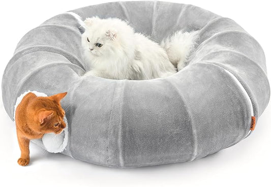 Cat Tunnel Bed 35.5 Inch XL Cat Donut Tunnels for Indoor Cats Cute Tubes Round Pet Play Tunnel Toy for Kitten Puppy Rabbit with Washable Circle Cushion Grey