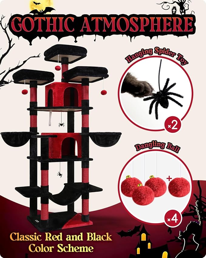 Globlazer Gothic Cat Tree, 80inch Goth Cat Tower for Indoor Cats Multiple Adult Cats XXL Cat Tree Large Cat Tower with Scratching Post, Hammock, 3 Perches, 2 Condos, 2 Hanging Basket, F80, Black Red
