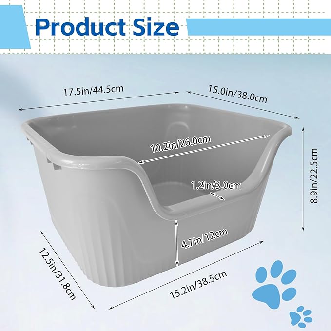 Large Cat Litter Box with High Sides,17.5"x15"x8.9" Open Top Cat Litter Pan Anti Splashing Non-Stick Litter Tray Low Entry Cat Litter Boxes Jumbo Kitty Litter Toilet Easy Clean for Cats(Gray)