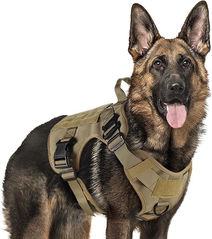 rabbitgoo Tactical Dog Harness for Large, Heavy Duty Pet Harness with Handle, No-Pull Service Vest Large Breed, Adjustable Military Dog Vest for Training Hunting Walking, Brown, L