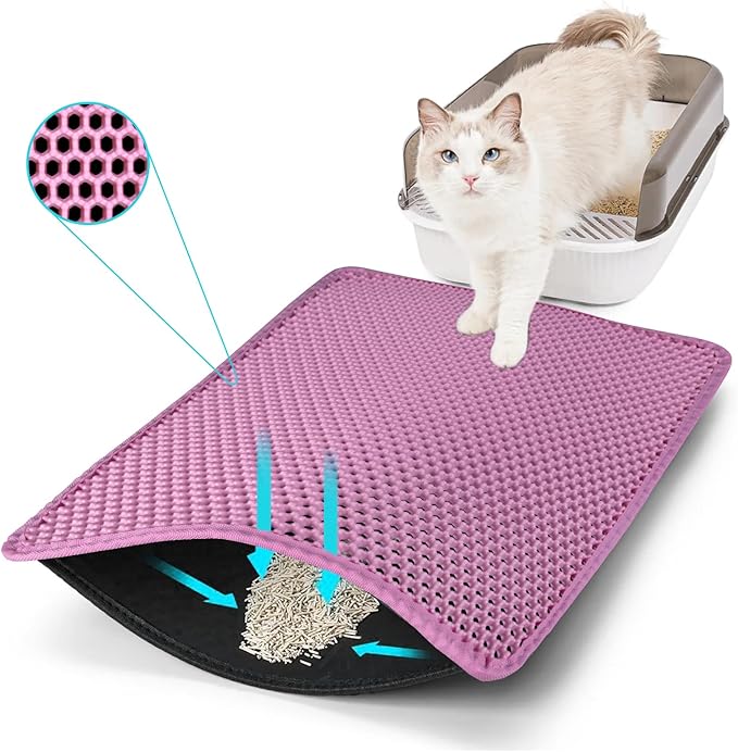 Cat Litter Mat, Kitty Litter Collector, Double Layered Honeycomb Design Waterproof, Anti Urine, Anti Slip, Easy to Clean, Limit Garbage (35"x24", Pink)