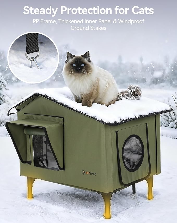 Heated Outdoor Cat House Weatherproof, 20"x16" Insulated Feral Cat Shelter with Pet Heating Pad, Escape Door & Observation Window for Kitten Puppy, UL Certified
