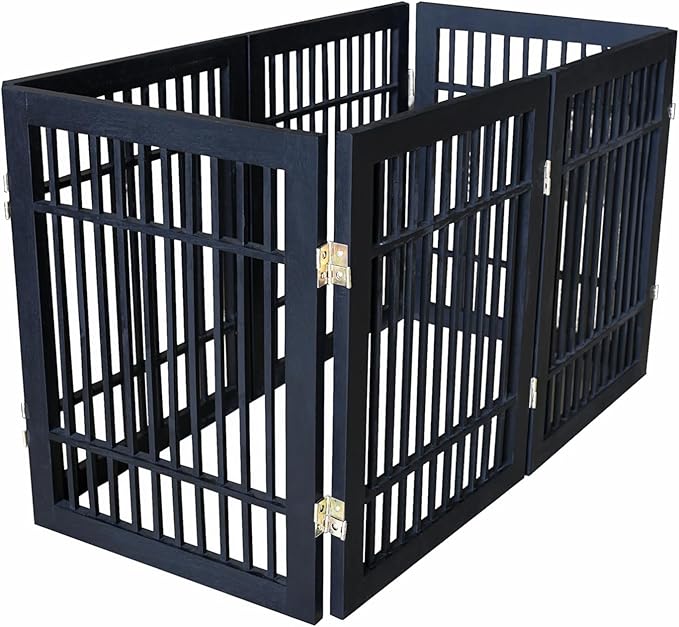 Pet Dog Gate Strong and Durable Freestanding Folding Acacia Hardwood Portable Wooden Fence Indoors or Outdoors by Urnporium (Black Pet Gate, 6 Panel 24" Tall)