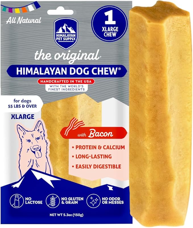 Himalayan Dog Chew Original Yak Cheese Chew, Bacon, 1 X-Large Stick, 5.3 oz, Gluten Free, Healthy Treats, Grain & Lactose Free 100% Natural, Long Lasting for Dogs Over 55 lbs