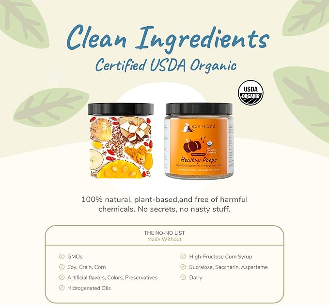 kin+kind Organic Pumpkin Powder for Dogs & Cats for Healthy Poop - Made in USA - Natural Pumpkin Powder Formula w/Flax Seed, Ginger, Turmeric & Coconut - Nutritional Supplement - Large 8oz