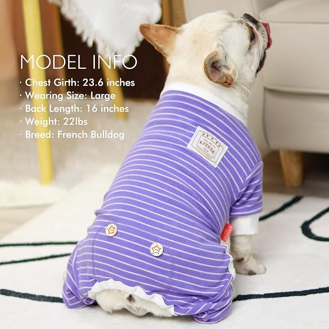 KYEESE Dog Pajamas Striped Pet Jumpsuit Soft Doggie Jammies Lightweight Onesie 4 Legs PJS Stretchable Dog Pajamas Breathable Costumes Comfortable Sleepwear for Small Dogs,Purple Striped, X-Large