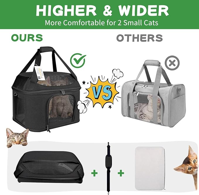 Large Cat Carrier for 2 Cats, Soft Side Carrier for Kitten Puppy, Collapsible Travel Dog Carrier TSA Airline Approved Cat Carrier Backpack for 20 lbs Pets,Black