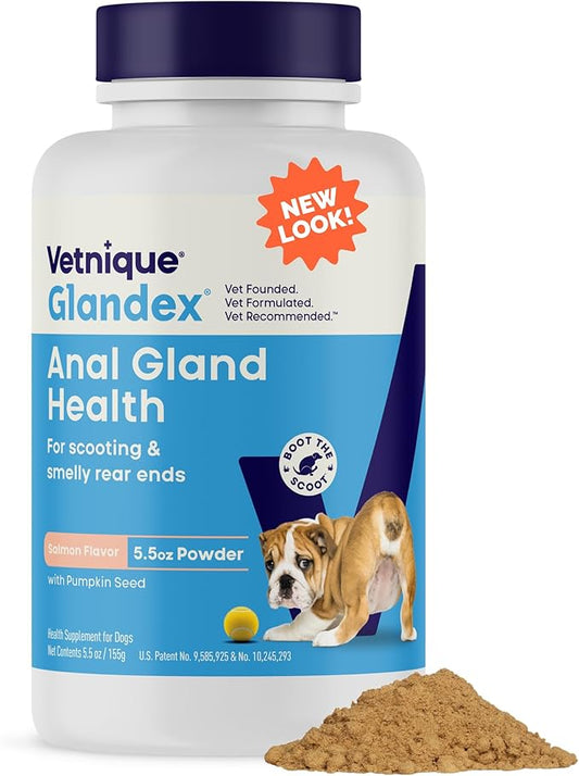 Vetnique Glandex Dog Fiber Supplement Powder for Anal Gland Health with Pumpkin, Digestive Enzymes & Probiotics - Vet Recommended (Regular or Advanced Strength) - Boot The Scoot (5.5 oz, Salmon)