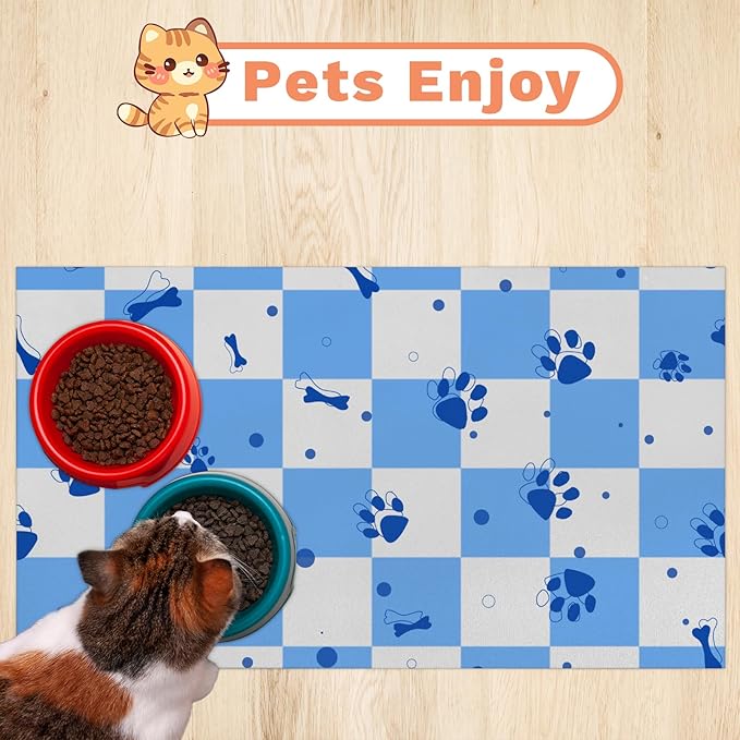 Checkered Absorbent Dog Feeding Mat Quick Dry Diatom Mud Non-Slip Pet Food Placemats Pad with Rubber Backing for Food and Water Bowls 12"x20"