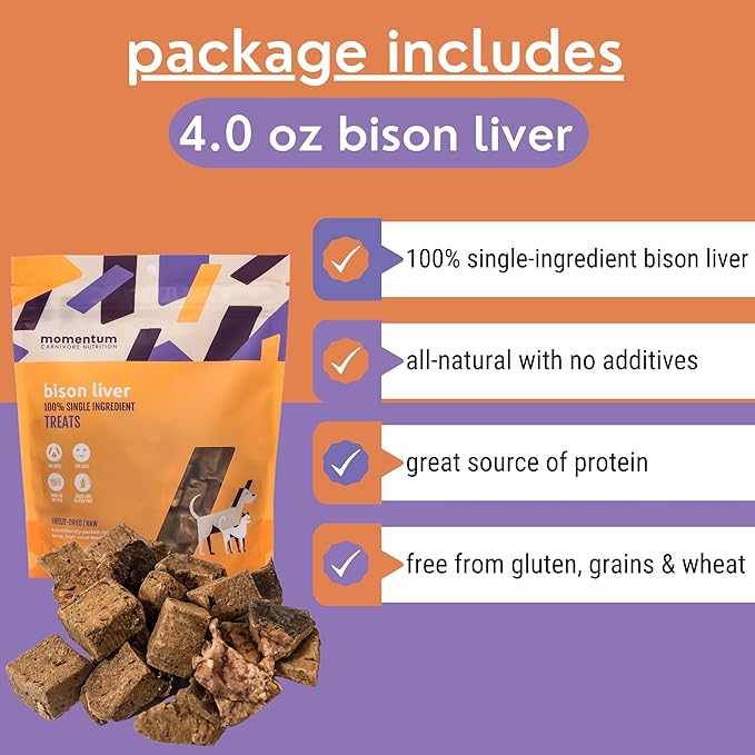 Momentum Carnivore Nutrition Freeze-Dried Bison Liver Dog Treats – Single-Ingredient, Dog & Cat Treats – High-Protein, Grain-Free– 4 oz Pack