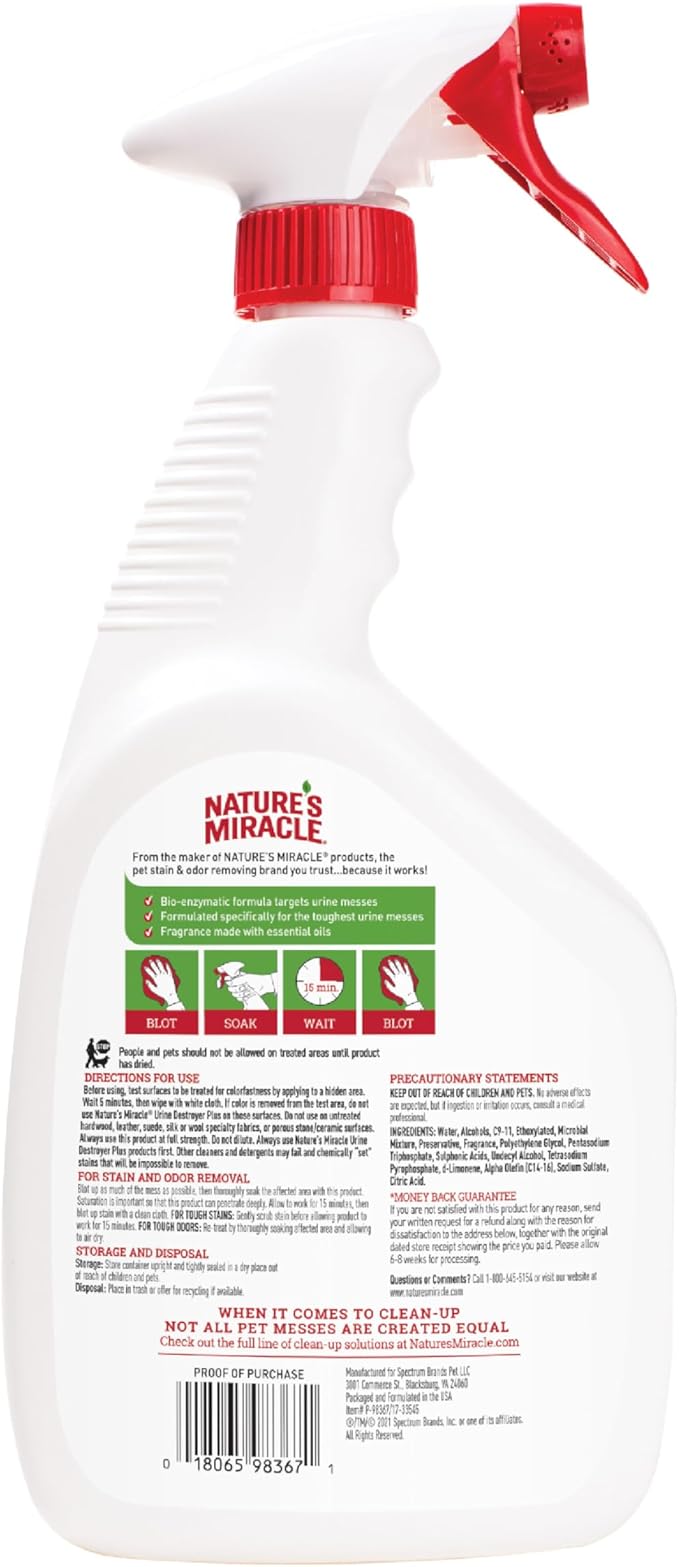 Nature’s Miracle Urine Destroyer Plus Cat, 32 Ounces, Enzymatic Formula, Ready-to-Use
