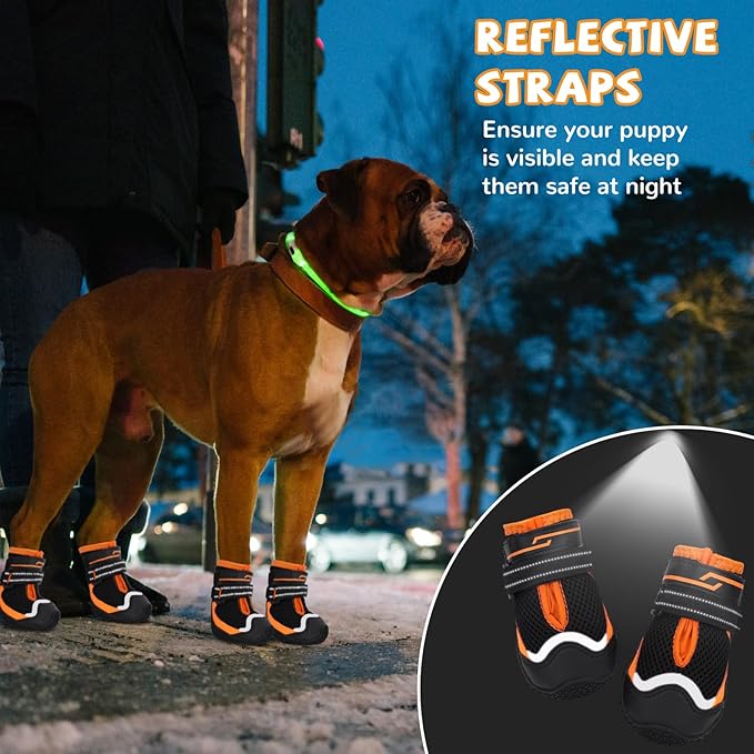 Dog Shoes for Hot Pavement,Dog Boots & Paw Protectors for Large Medium Size Dogs to Prevent Licking,Dog Booties with Reflective for Outdoor,Hiking,Hardwood Floors,Winter Snow(Black Orange,Size1)