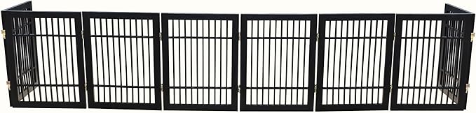 Pet Dog Gate Strong and Durable Freestanding Folding Acacia Hardwood Portable Wooden Fence Indoors or Outdoors by Urnporium (Black Pet Gate, 8 Panel 24" Tall)