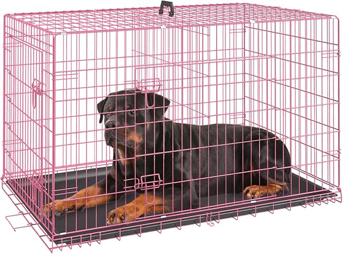 FDW Dog Crate for Large Dogs 42 Inch Folding Metal WirePet Cage Double Door W/Divider Panel Indoor Outdoor Kennel Leak-Proof Plastic Tray,Pink