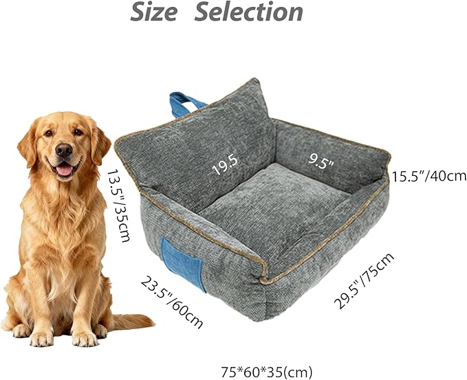 Large Orthopedic Dog Sofa Bed with Sides, Carry Handle & Side Pockets .Plush Chenille Orthopedic Pet Bed Couch for Large Dogs.Portable Snuggler for Indoor Use, Travel & Recovery(Dark Grey)