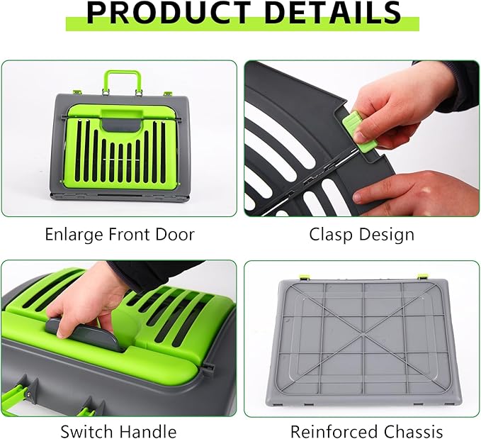 Foldable Travel Cat Carrier, Small Cat Carrier Hard Up to 25lbs, 18" Lx14.5 Wx14 H Front Open Type Plastic Cat Carriers, Green