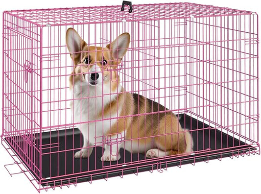 FDW Dog Crate for Medium Dogs 30 Inch Folding Metal WirePet Cage Double Door W/Divider Panel Indoor Outdoor Kennel Leak-Proof Plastic Tray,Pink