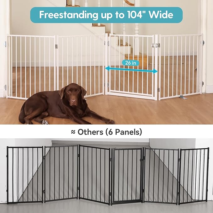 No Pawblems Free Standing Dog Gate with Door, 30'' Tall Foldable Dog Fence for Indoor & Outdoor, Up to 104 Inch Extra Wide Puppy Gate for Stairs, Hallways, Doorways, Deck, Yard (White, 4 Panels)