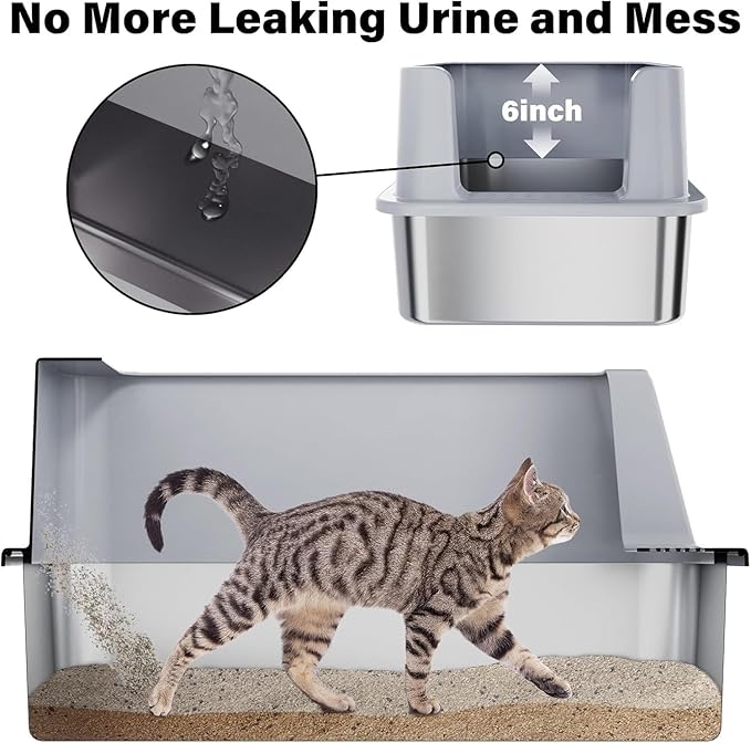 2 Pack Stainless Steel Litter Box, XL Extra Large Cat Litter Boxes for Big Cats, Metal Litter Box with High Sided Lid, Anti-Urine Leakage, Never Absorbs Odors, Easy Cleaning, Non-Stick, Include Scoop