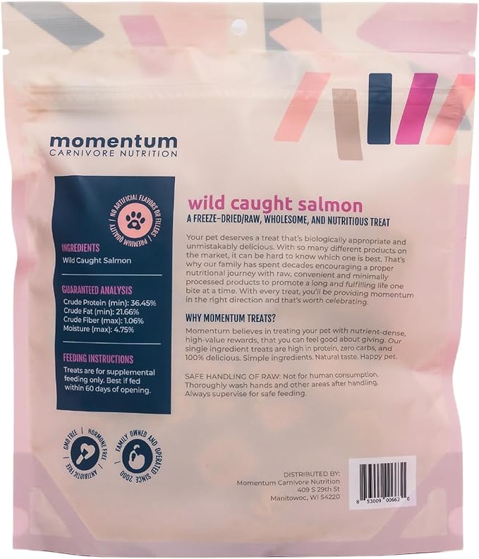 Momentum Carnivore Nutrition Wild-Caught Salmon Dog and Cat Treats - Freeze-Dried Raw - High Protein, Skin & Coat Support, Omega 3s - 3 oz Bag