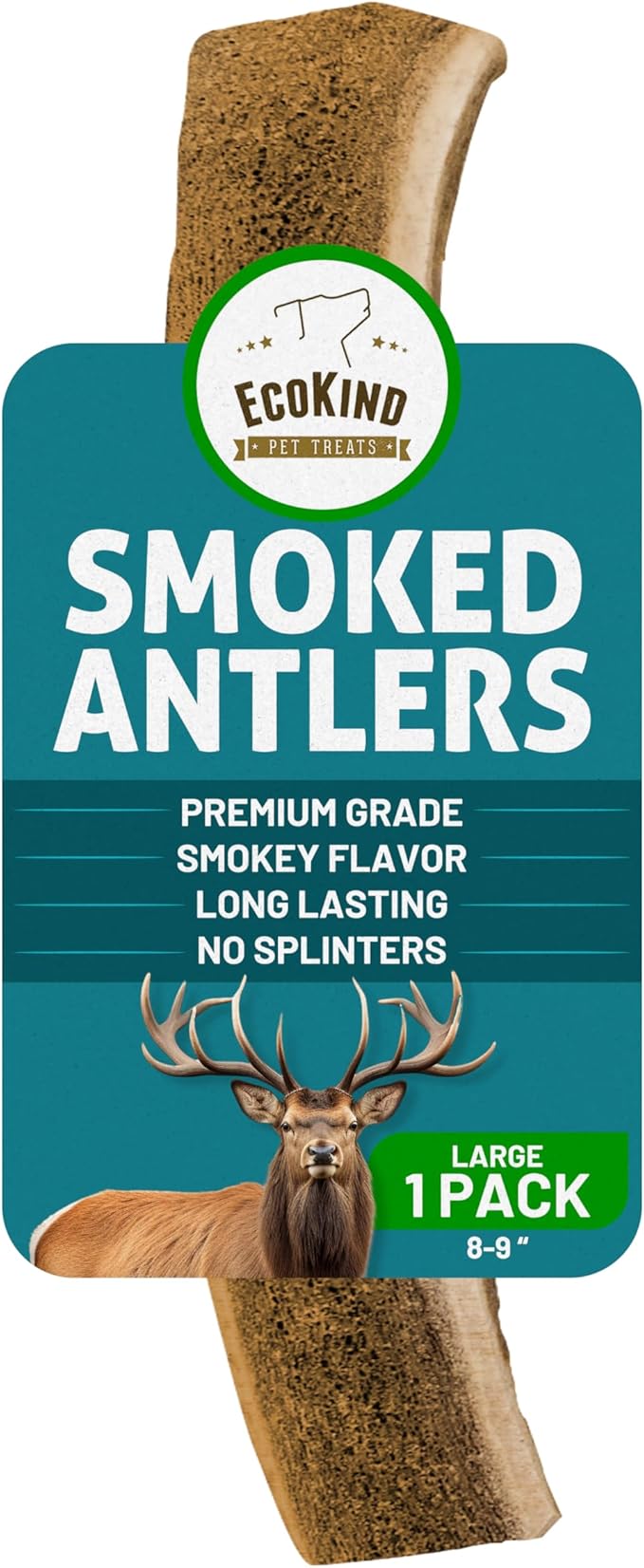 EcoKind Smoked Elk Antler Dog Chews – Natural Split Antlers, Long-Lasting Chew, Elk Antlers Treats for Large Dogs Weighing 30-45 lbs, Splinter-Free, Supports Dental Health – 1 Large Smoked Chew