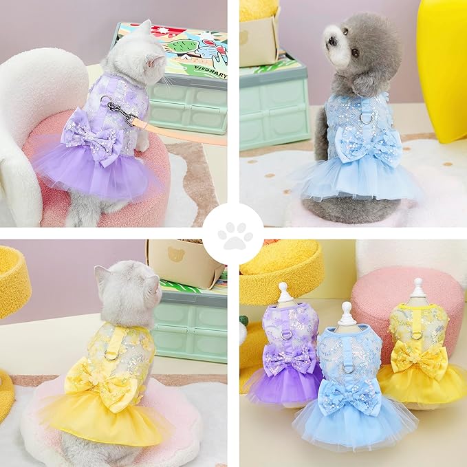Dog Dress,Luxury Bow Princess Tutu Dresses for Girl Dogs Cute Fashion Mesh Pet Skirt with Sequins Flower Cat Puppy Clothes Wedding Party Outfits Chihuahua Apparel Button up D-Ring,Yellow,XL